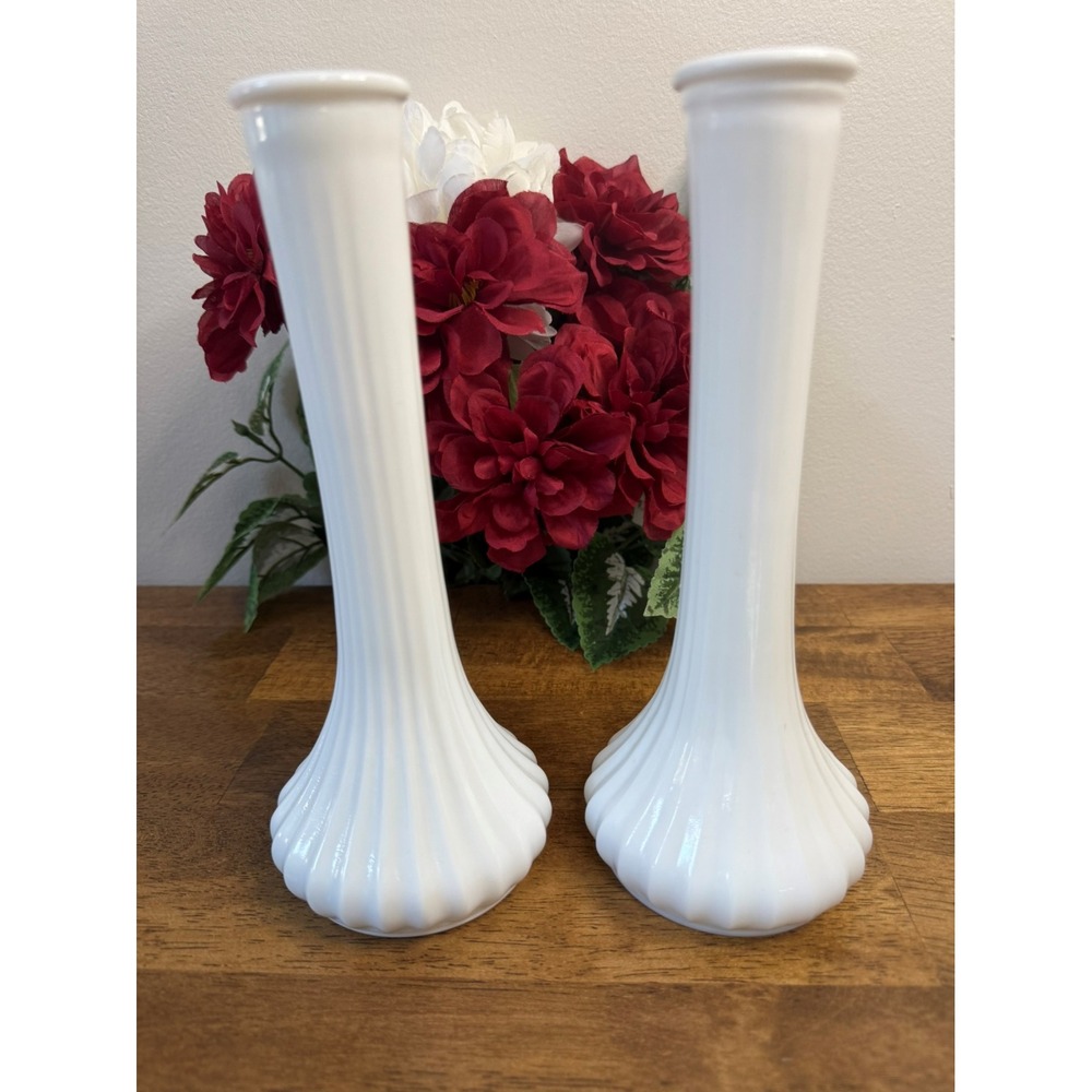 Pair of Vintage‎ Hoosier Milk Glass Vases Ribbed Fluted White MCM Wedding Decor